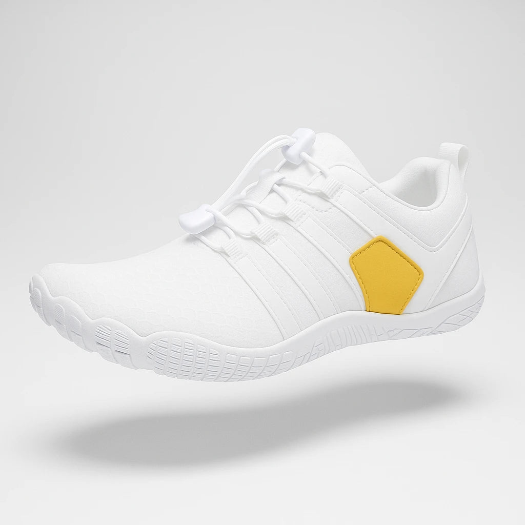 alt="Chaussure minimaliste CasaShape™ blanche et jaune pour une marche naturelle"