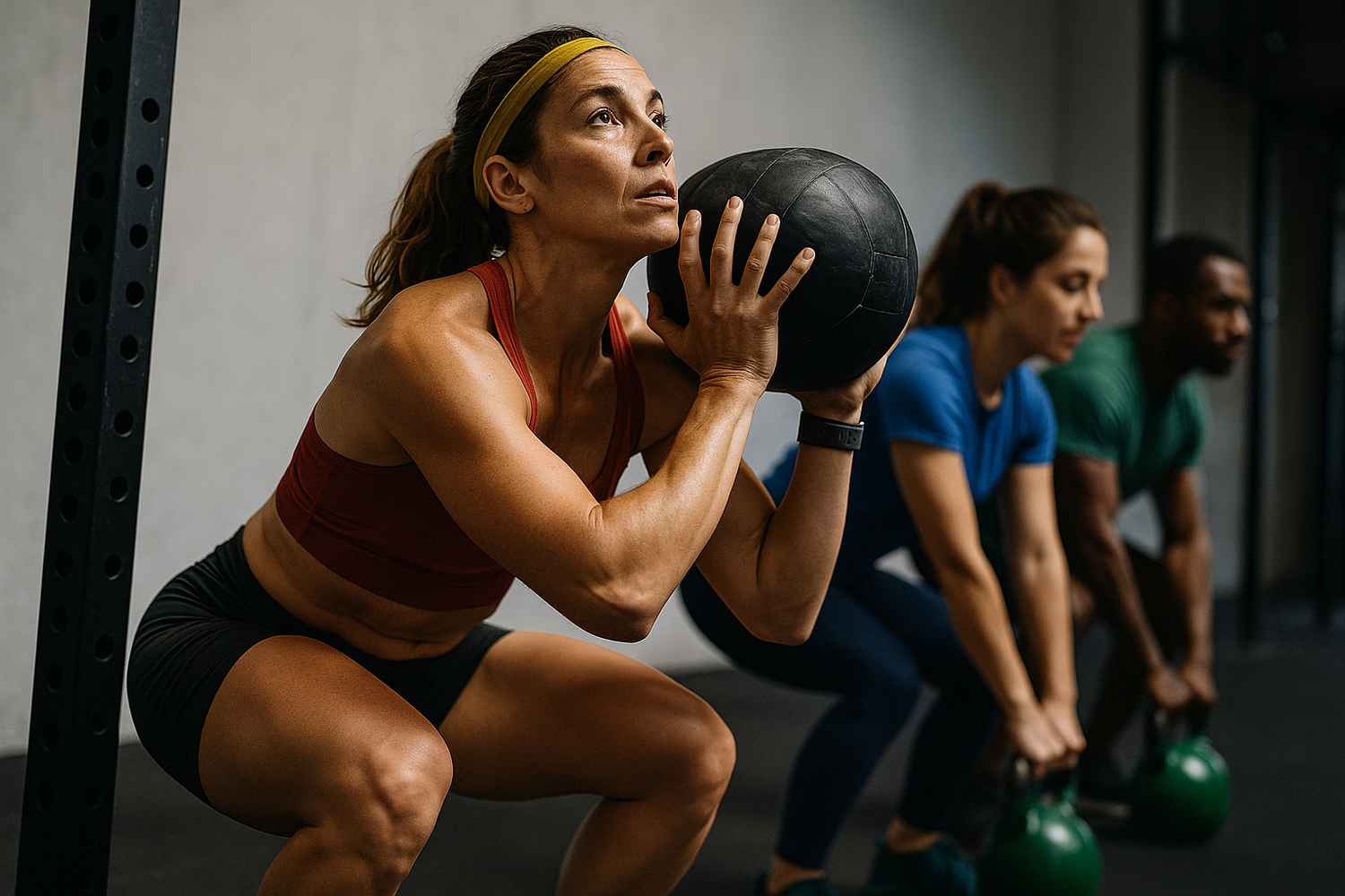 femme-entrainement-crossfit-wall-ball-squat-intensite-musculaire